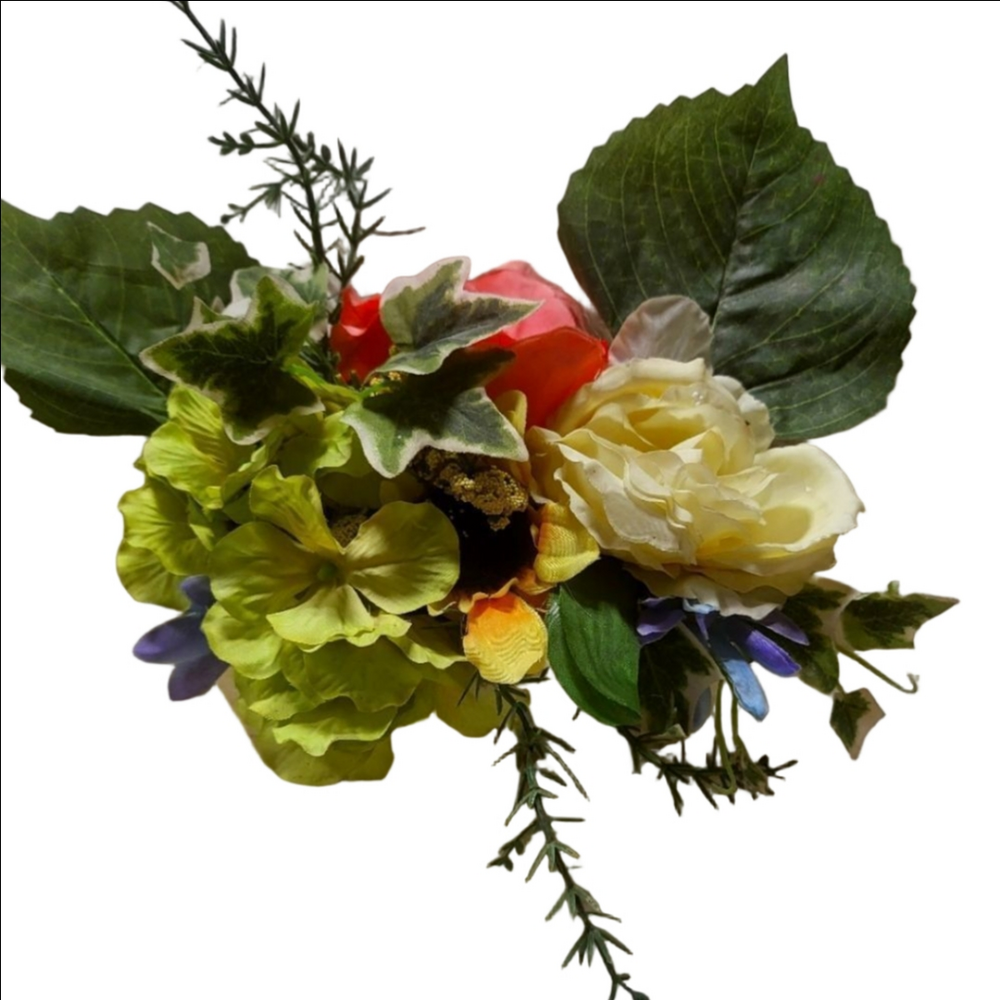 Wooden Box with Faux Flowers and Greenery